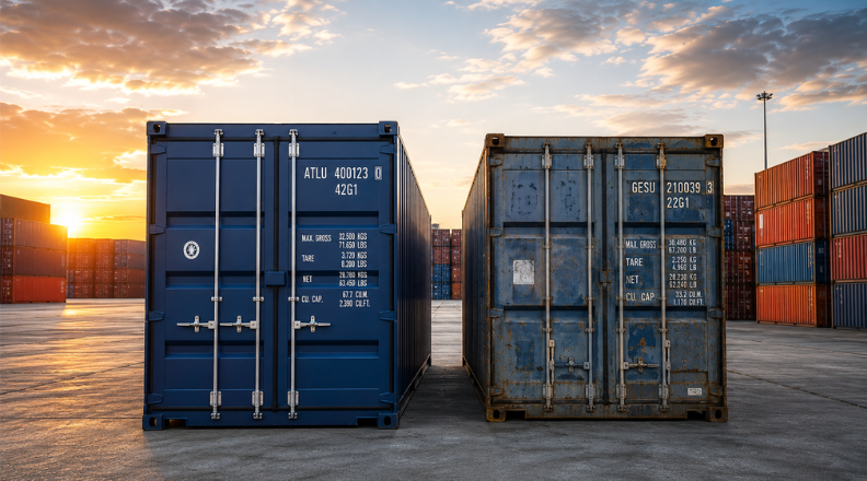 Container usato e container nuovo a confronto in un deposito logistico