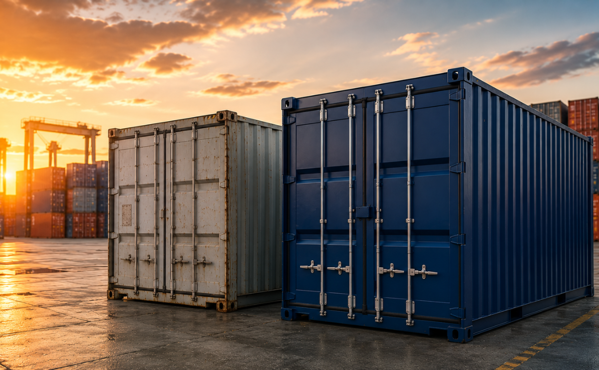 Container usato e container nuovo a confronto in un deposito logistico