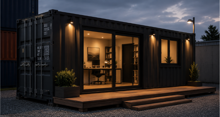 Container attrezzato moderno con ufficio illuminato e design contemporaneo
