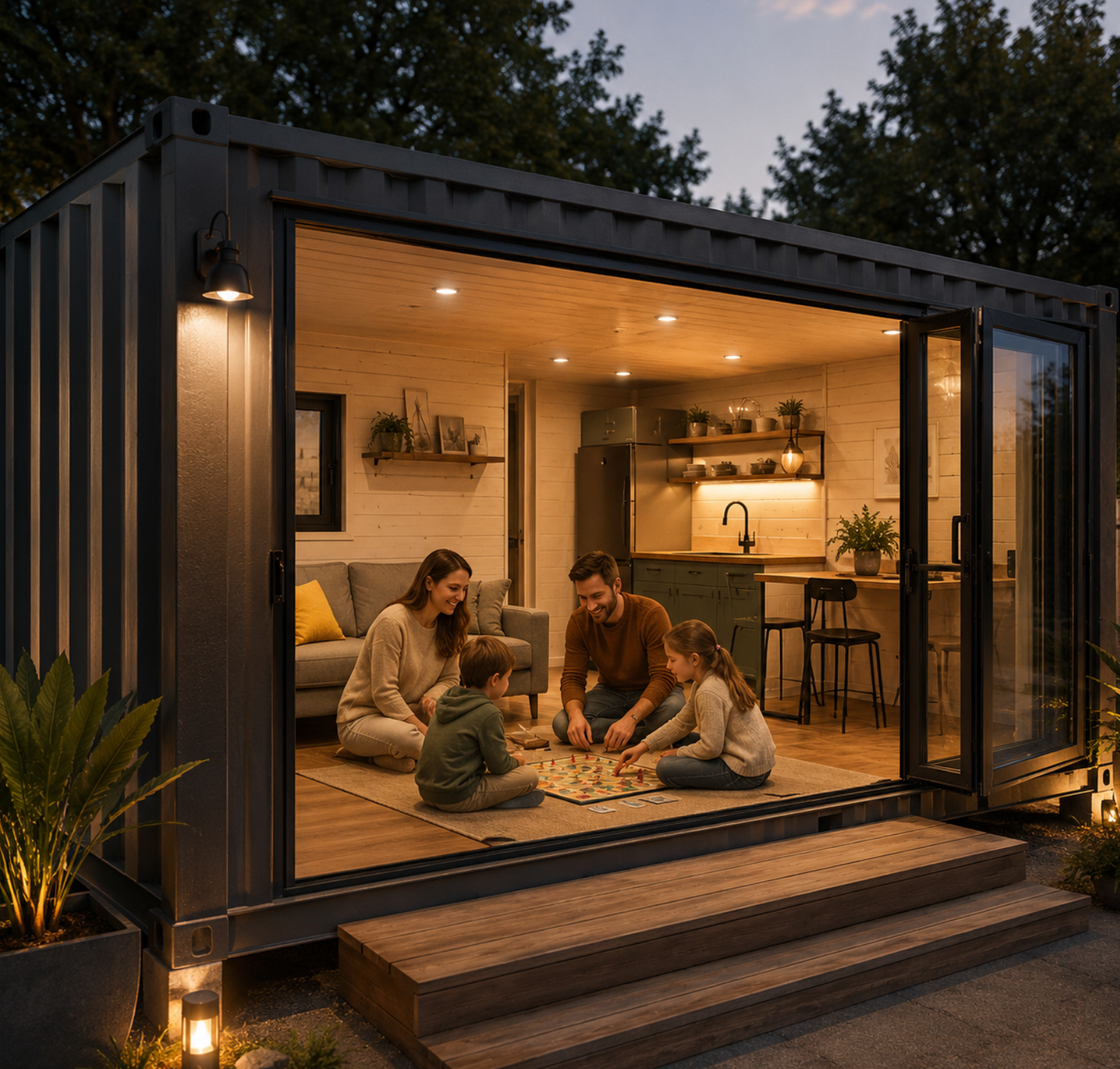 Tiny house container moderna con famiglia all'interno